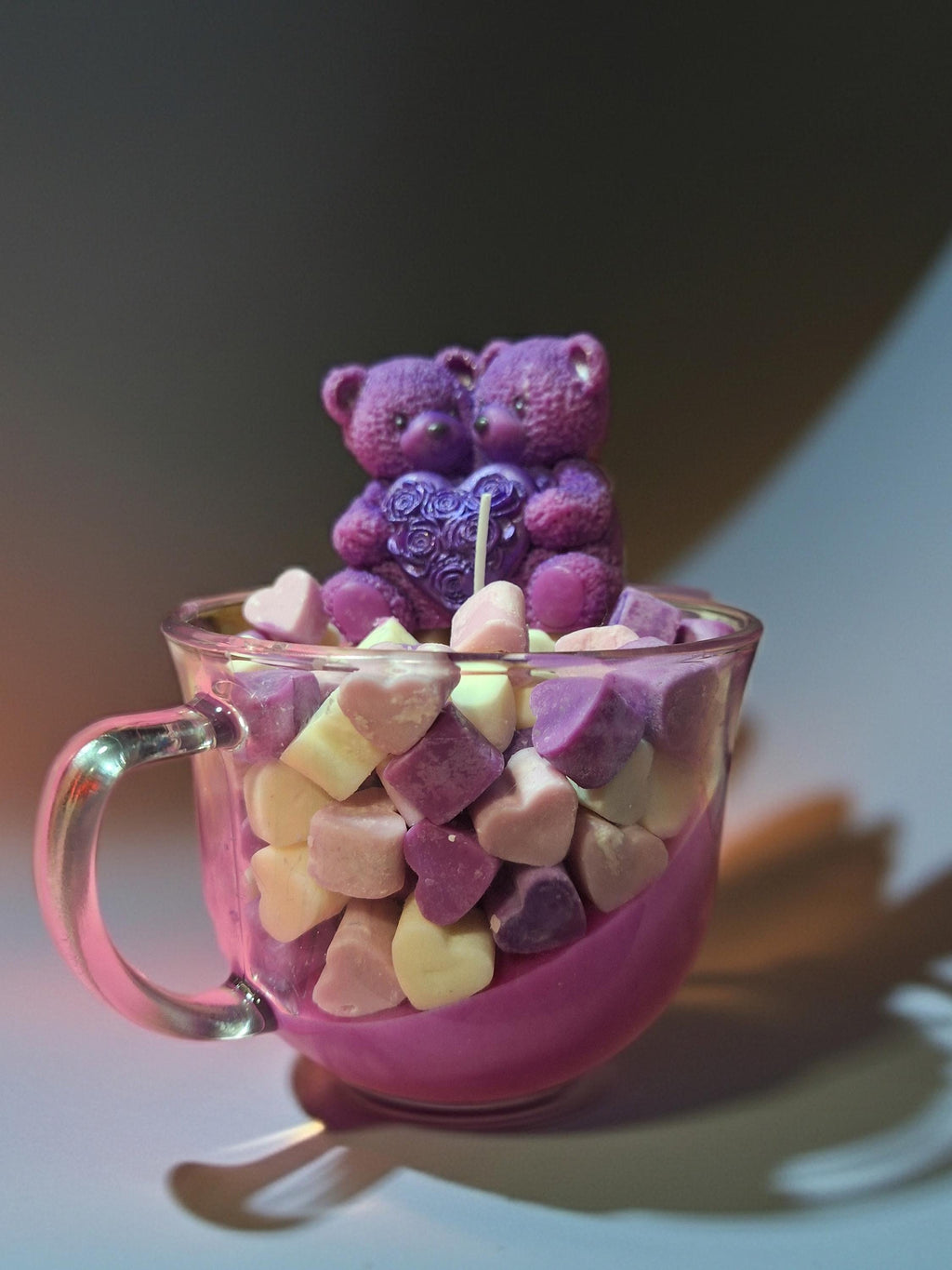 Rose Bear Candle with Hearts | Handmade Soy Wax Teddy Bear Candle | Romantic Floral Gift for Her | Custom Color & Scent Valentine Decor