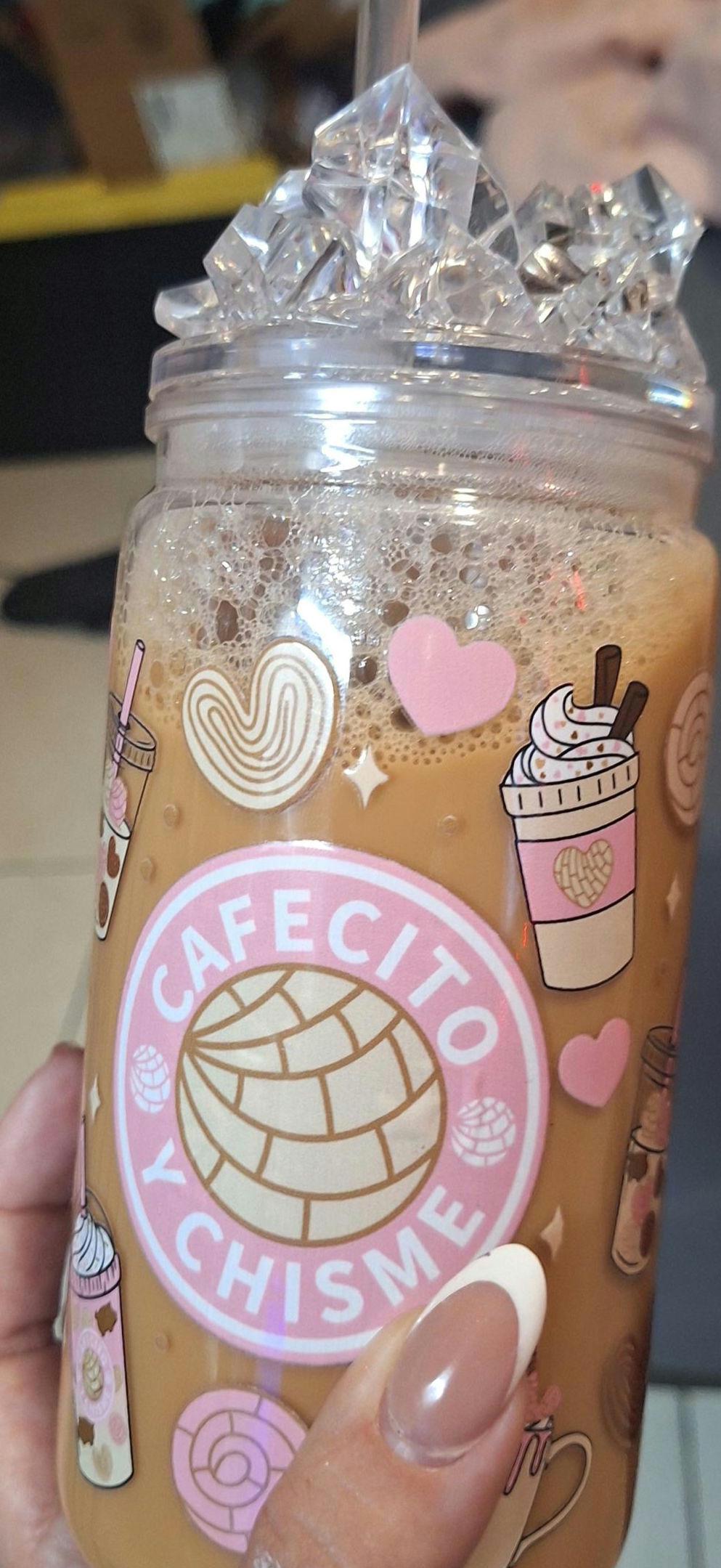Cafecito & Chisme Snowglobe Tumbler 16 oz | Coffee Lover Glitter Cup with Ice Lid | Custom Iced Coffee Tumbler | Latina Aesthetic Drinkware