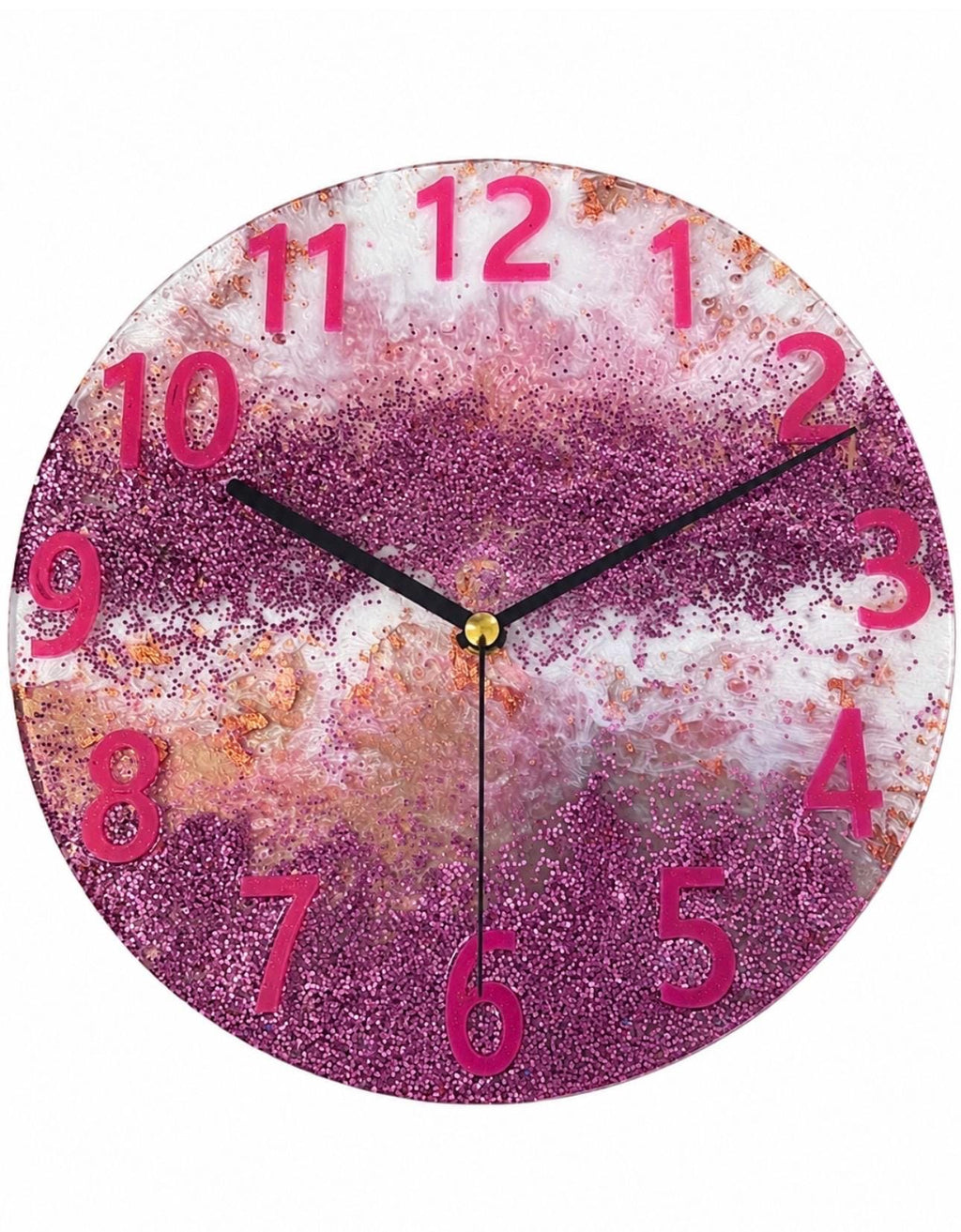 Handmade Pink Glitter Resin Wall Clock | Rose Gold Accents, Silent Quartz Movement