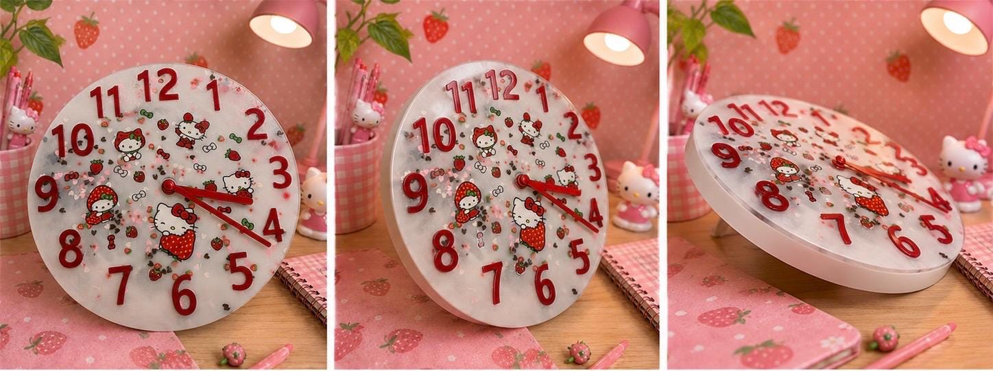 Handmade Hello Kitty Strawberry Resin Wall Clock | Kawaii Decor | Cute Silent Clock | Pink Bedroom Decor | Anime Gift | Nursery Wall Art | U