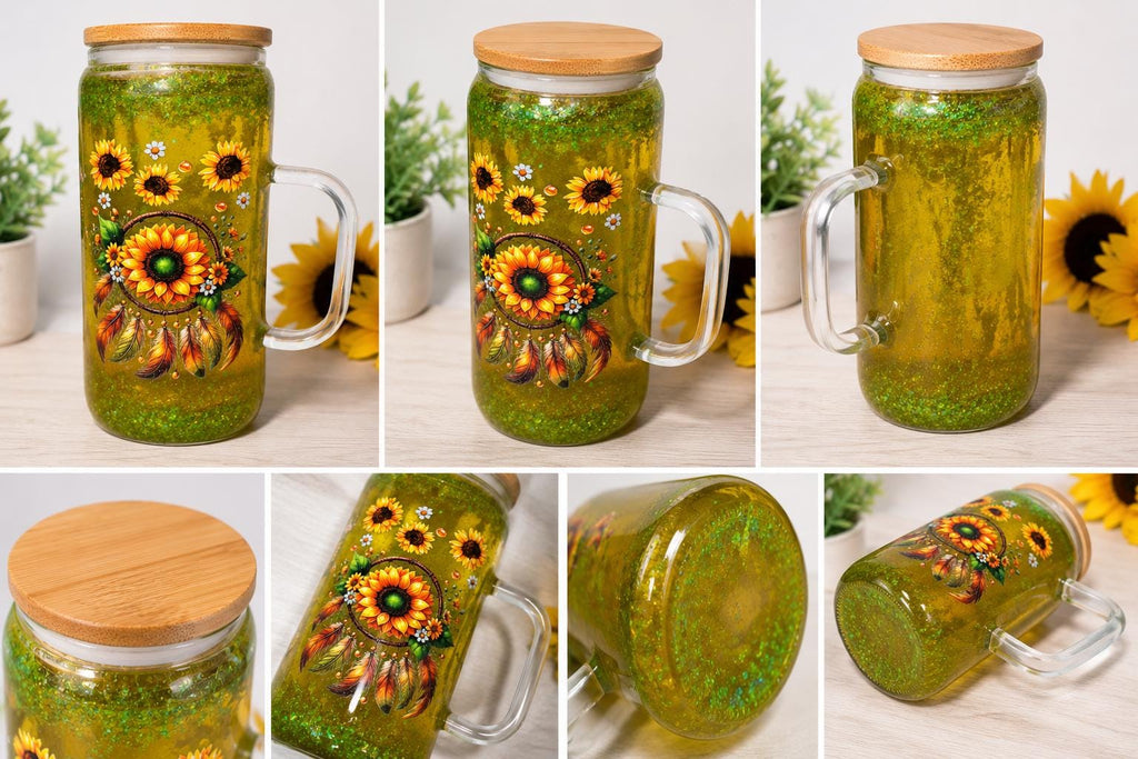 Sunflower Dreamcatcher Glitter Tumbler | Handmade Floral Mason Jar Cup