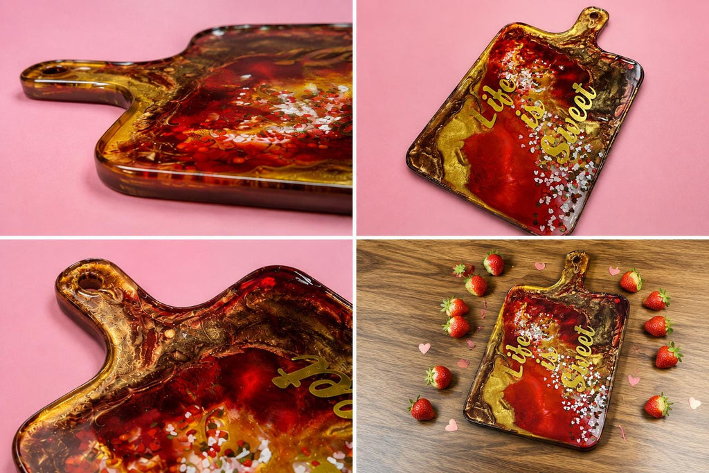 Life Is Sweet Resin Charcuterie Board | Handmade Epoxy Serving Tray | Red Gold Heart & Strawberry Decor | Valentine Kitchen Decor Gift