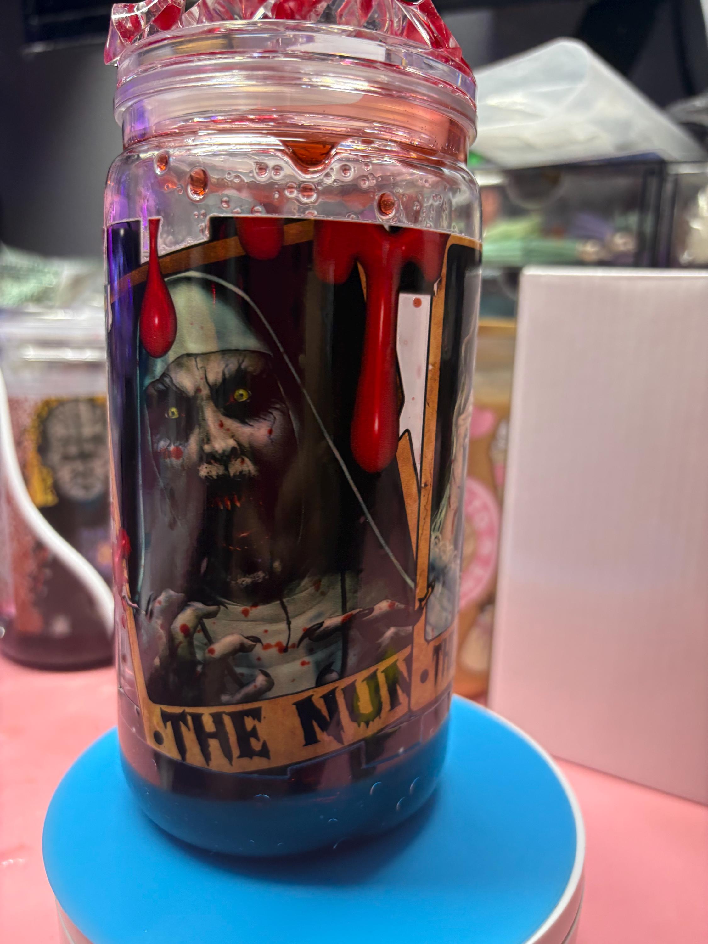 Horror Blood Drip Snowglobe Tumbler 16 oz | Horror Aesthetic Cup with Ice Blood & Knife Lid | Spooky Halloween Iced Coffee Tumbler | Custom Wrap