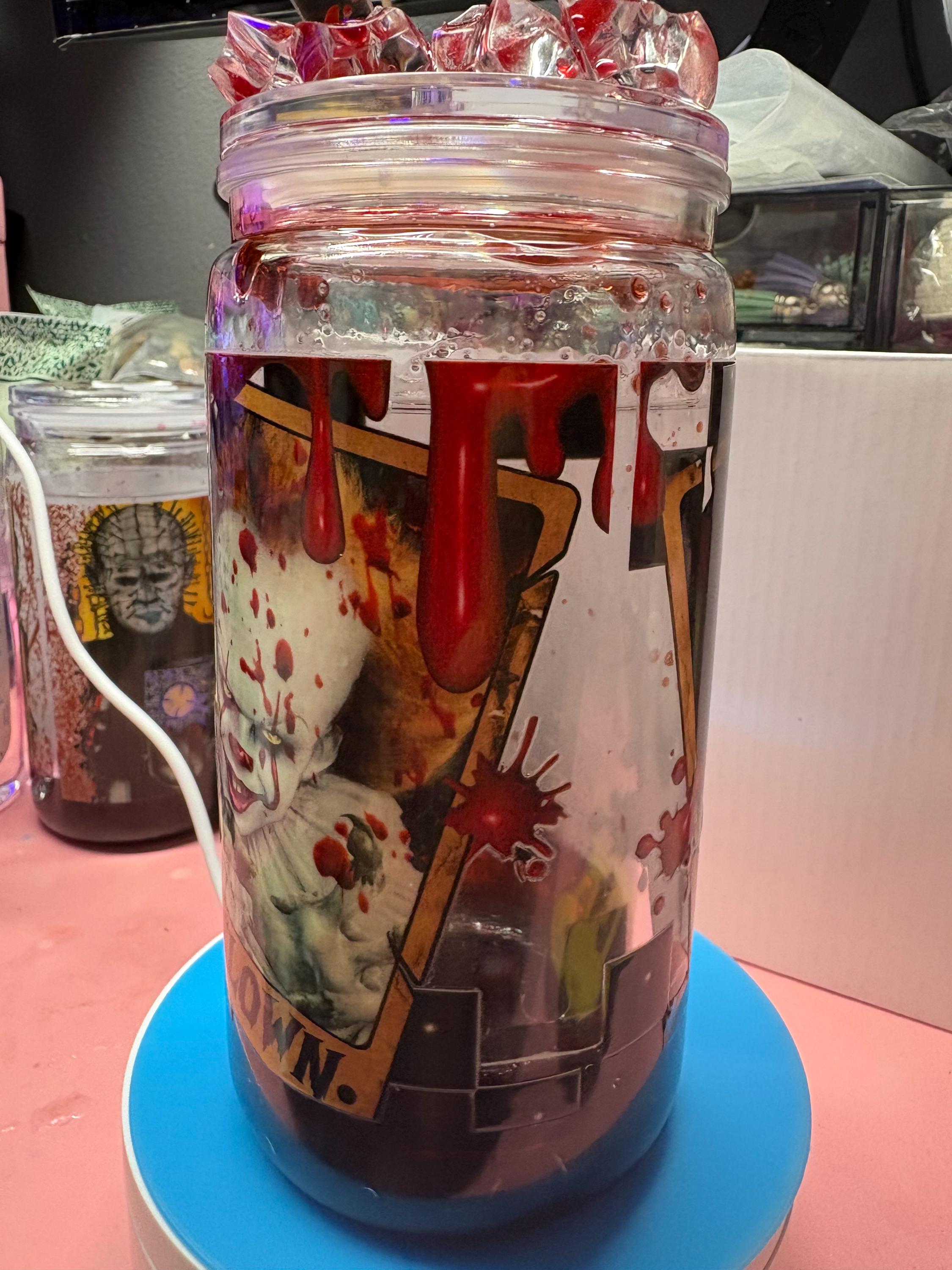 Horror Blood Drip Snowglobe Tumbler 16 oz | Horror Aesthetic Cup with Ice Blood & Knife Lid | Spooky Halloween Iced Coffee Tumbler | Custom Wrap