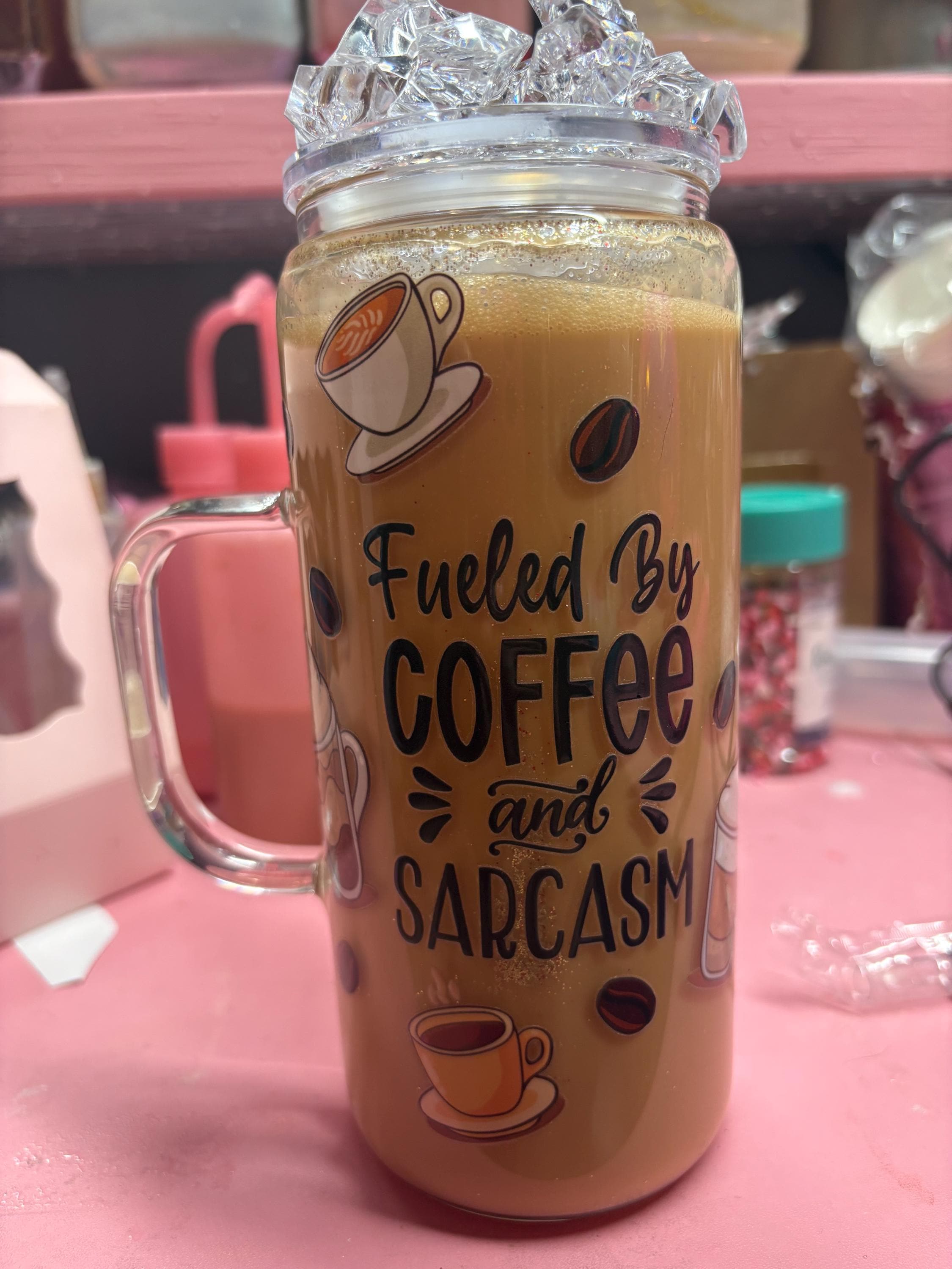 Fueled by Coffee & Sarcasm Glass Can Cup with Bamboo Lid & Glass Straw | 16 oz Iced Coffee Tumbler | Funny Gift for Coffee Lovers