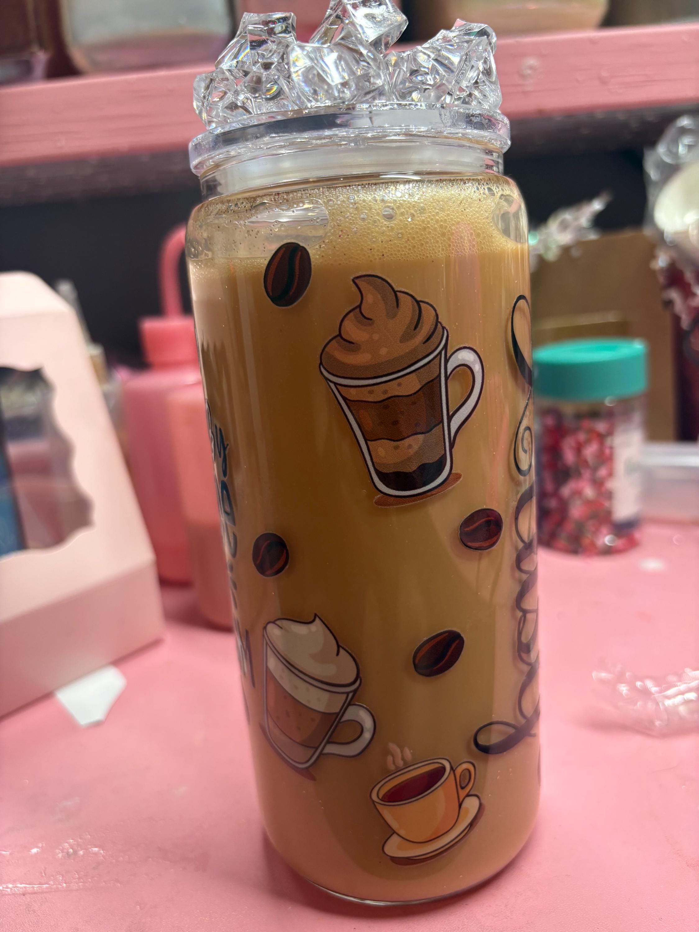 Fueled by Coffee & Sarcasm Glass Can Cup with Bamboo Lid & Glass Straw | 16 oz Iced Coffee Tumbler | Funny Gift for Coffee Lovers