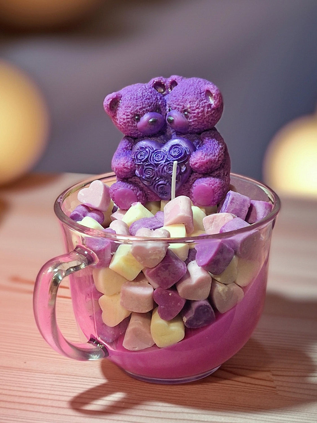 Rose Bear Candle with Hearts | Handmade Soy Wax Teddy Bear Candle | Romantic Floral Gift for Her | Custom Color & Scent Valentine Decor