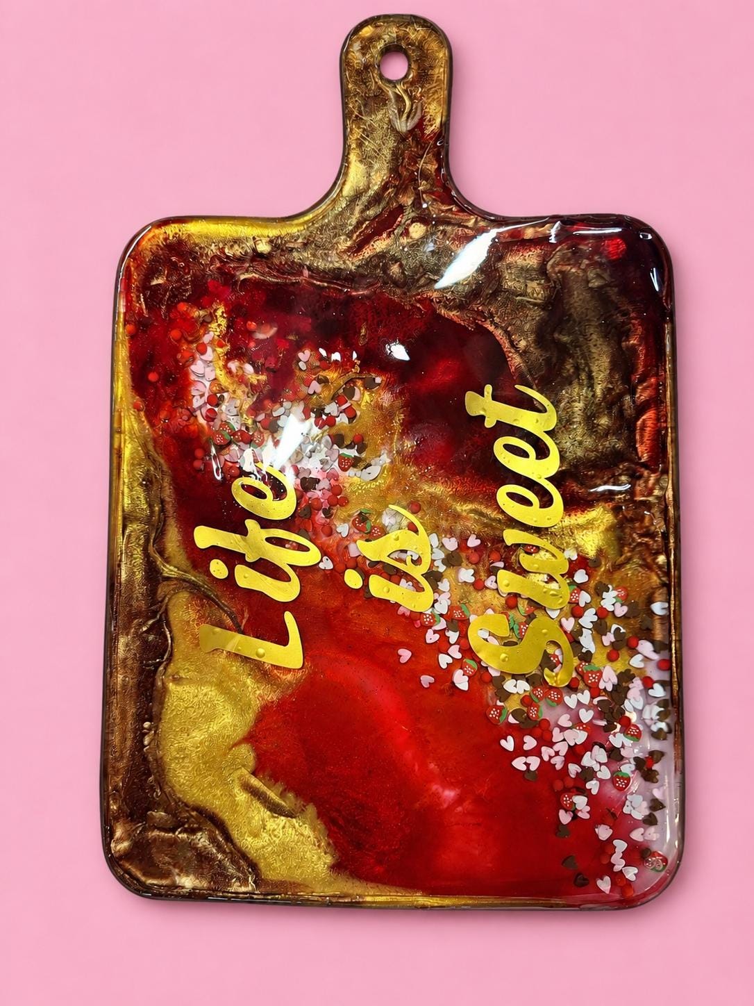 Life Is Sweet Resin Charcuterie Board | Handmade Epoxy Serving Tray | Red Gold Heart & Strawberry Decor | Valentine Kitchen Decor Gift