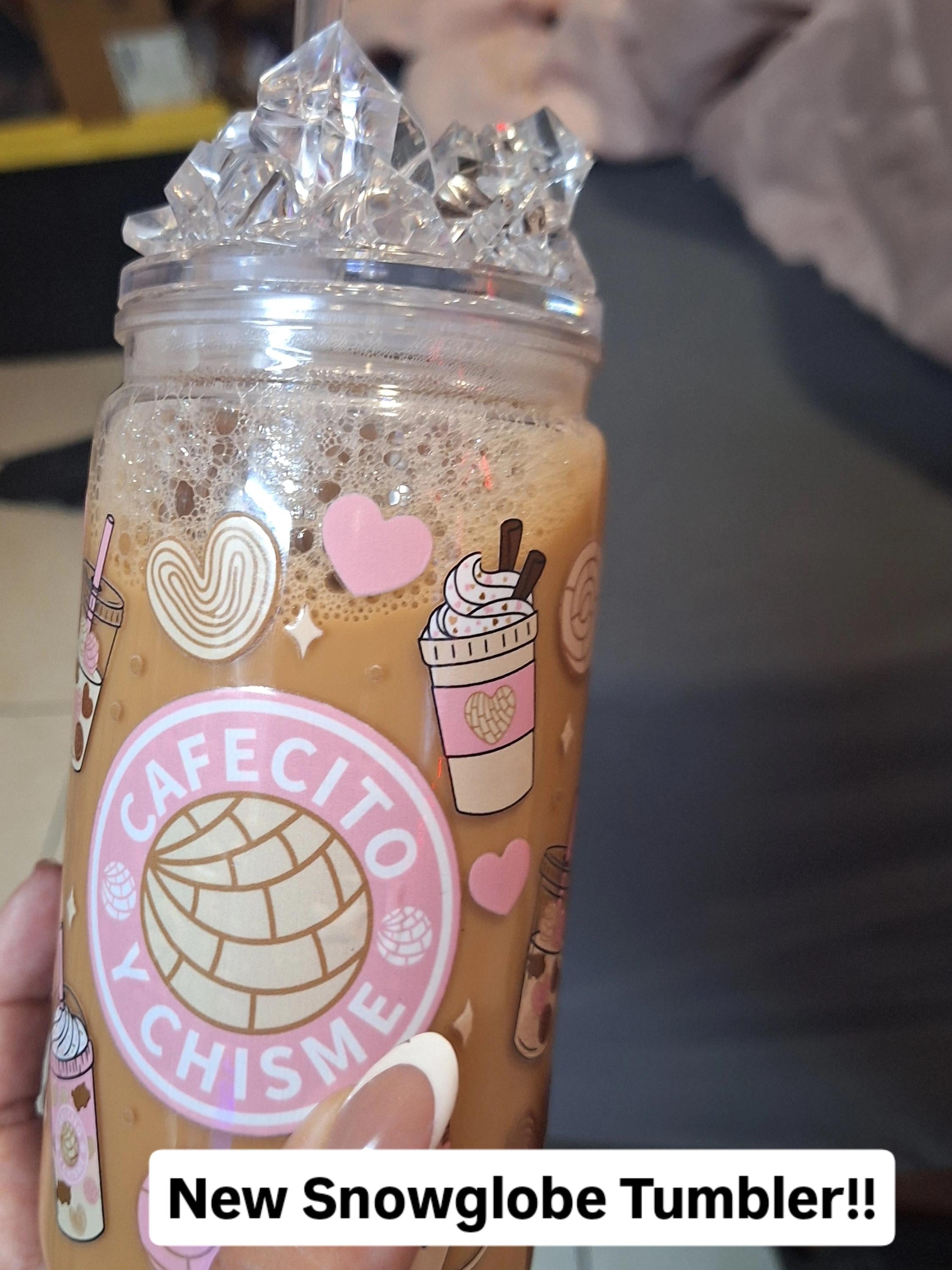 Cafecito & Chisme Snowglobe Tumbler 16 oz | Coffee Lover Glitter Cup with Ice Lid | Custom Iced Coffee Tumbler | Latina Aesthetic Drinkware