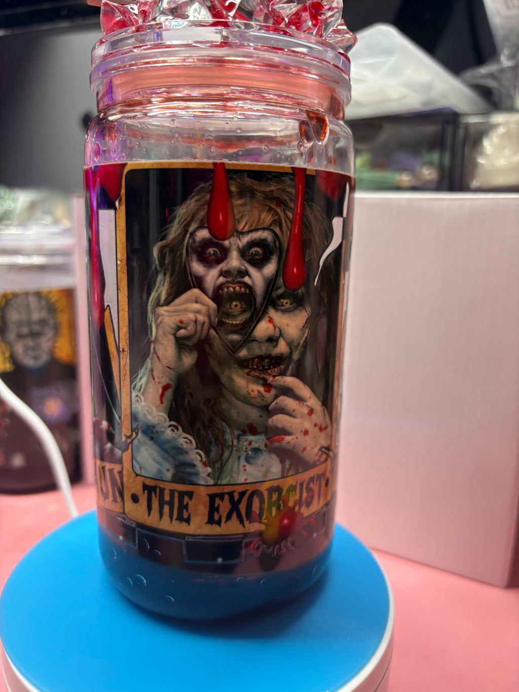 Horror Blood Drip Snowglobe Tumbler 16 oz | Horror Aesthetic Cup with Ice Blood & Knife Lid | Spooky Halloween Iced Coffee Tumbler | Custom Wrap