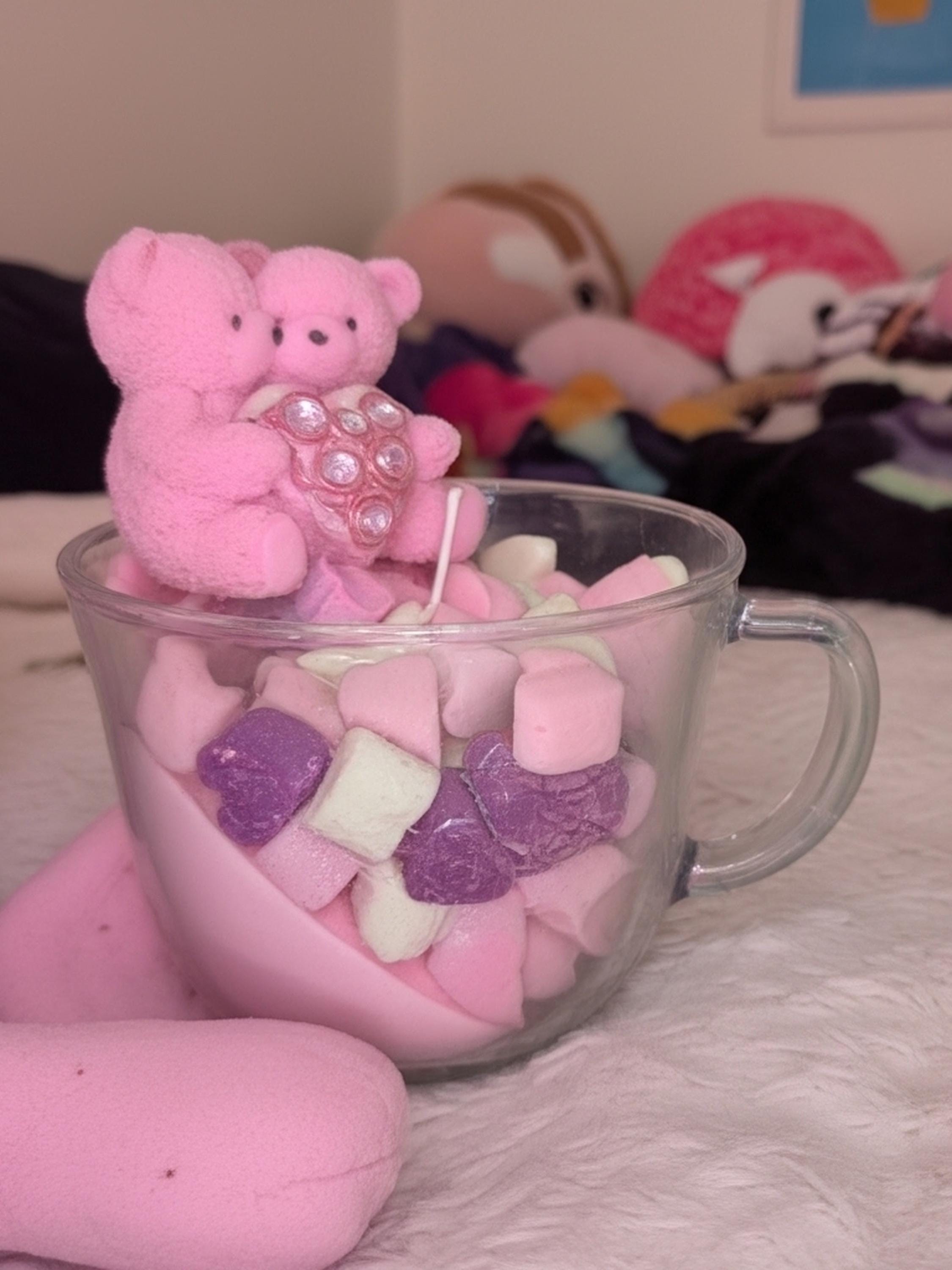 Rose Bear Candle with Hearts | Handmade Soy Wax Teddy Bear Candle | Romantic Floral Gift for Her | Custom Color & Scent Valentine Decor