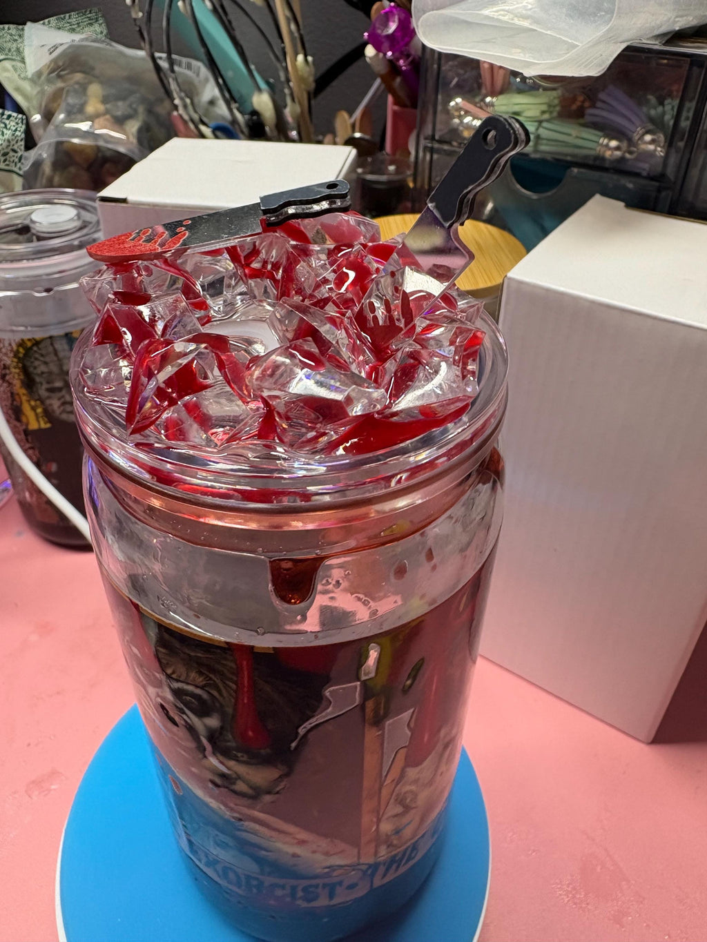 Horror Blood Drip Snowglobe Tumbler 16 oz | Horror Aesthetic Cup with Ice Blood & Knife Lid | Spooky Halloween Iced Coffee Tumbler | Custom Wrap