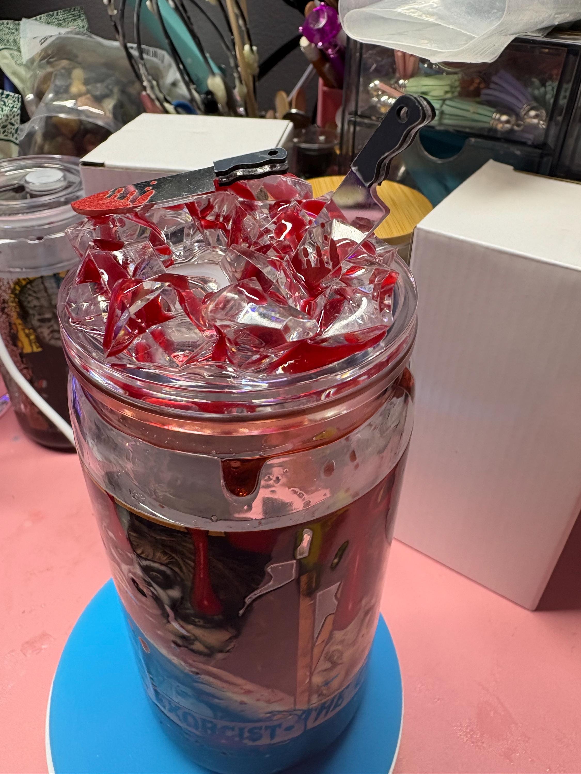 Horror Blood Drip Snowglobe Tumbler 16 oz | Horror Aesthetic Cup with Ice Blood & Knife Lid | Spooky Halloween Iced Coffee Tumbler | Custom Wrap