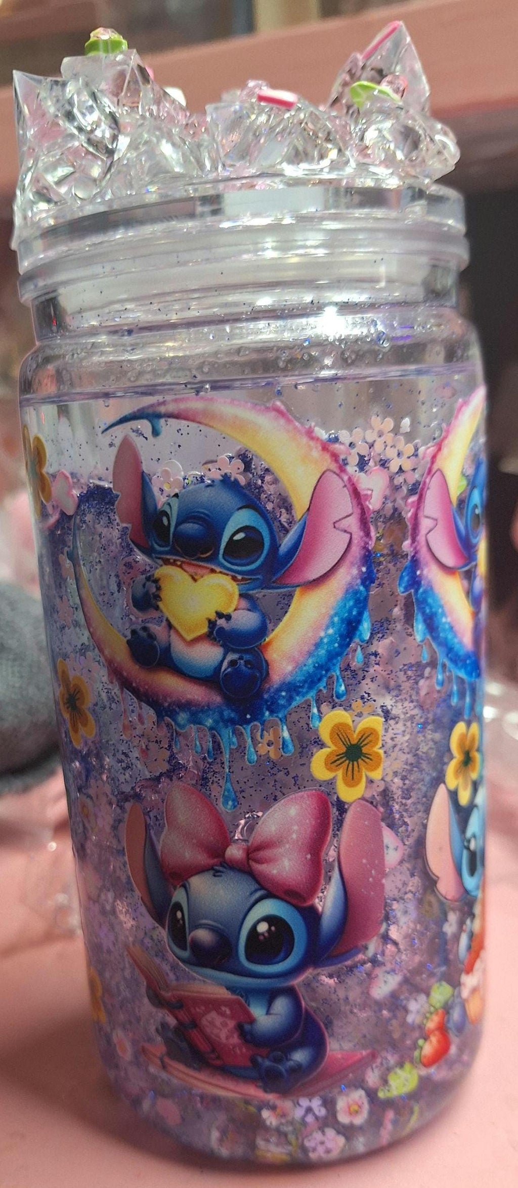 Stitch Inspired Snowglobe Tumbler 16 oz | Hawaiian Alien Glitter Cup | Custom Disney Inspired Iced Coffee Tumbler | Cute Aesthetic Drinkware