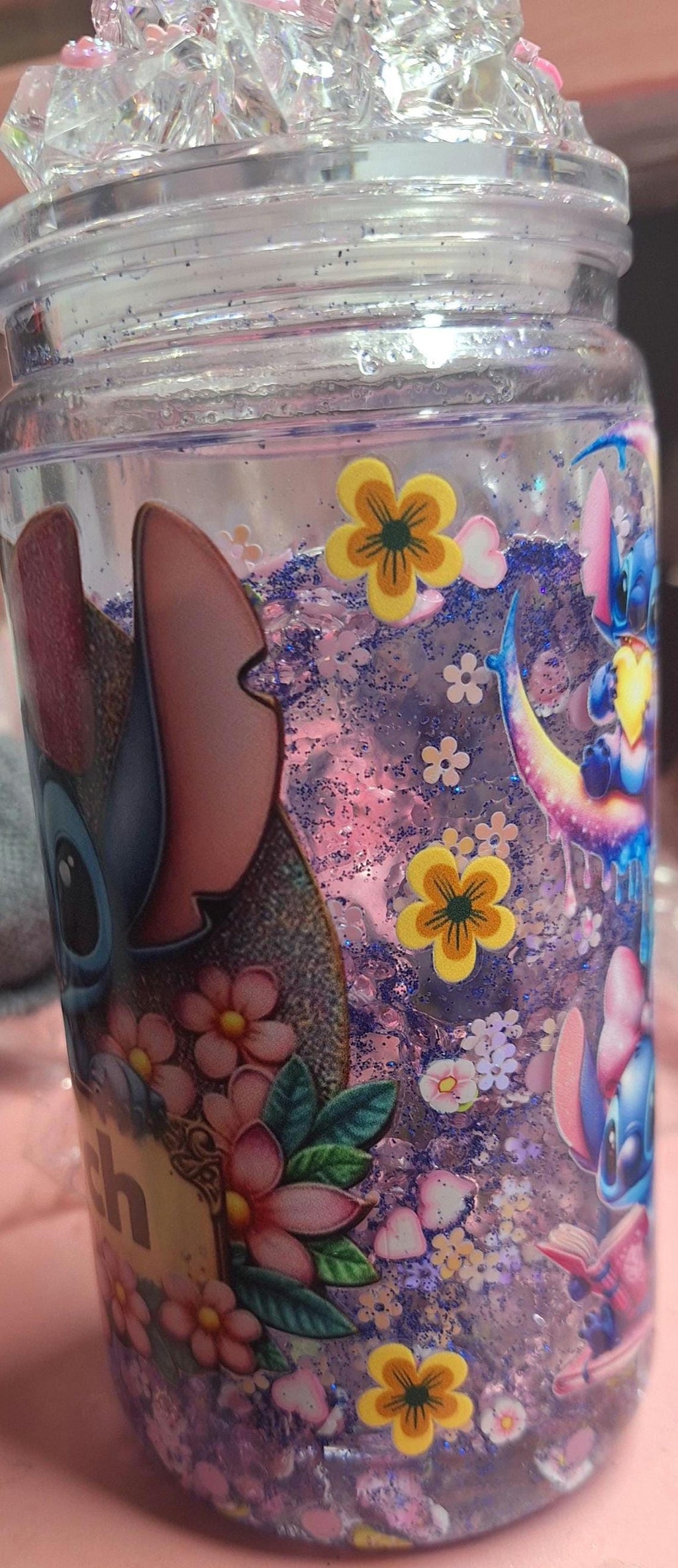Stitch Inspired Snowglobe Tumbler 16 oz | Hawaiian Alien Glitter Cup | Custom Disney Inspired Iced Coffee Tumbler | Cute Aesthetic Drinkware