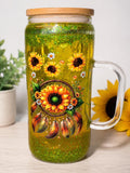 Sunflower Dreamcatcher Glitter Tumbler | Handmade Floral Mason Jar Cup