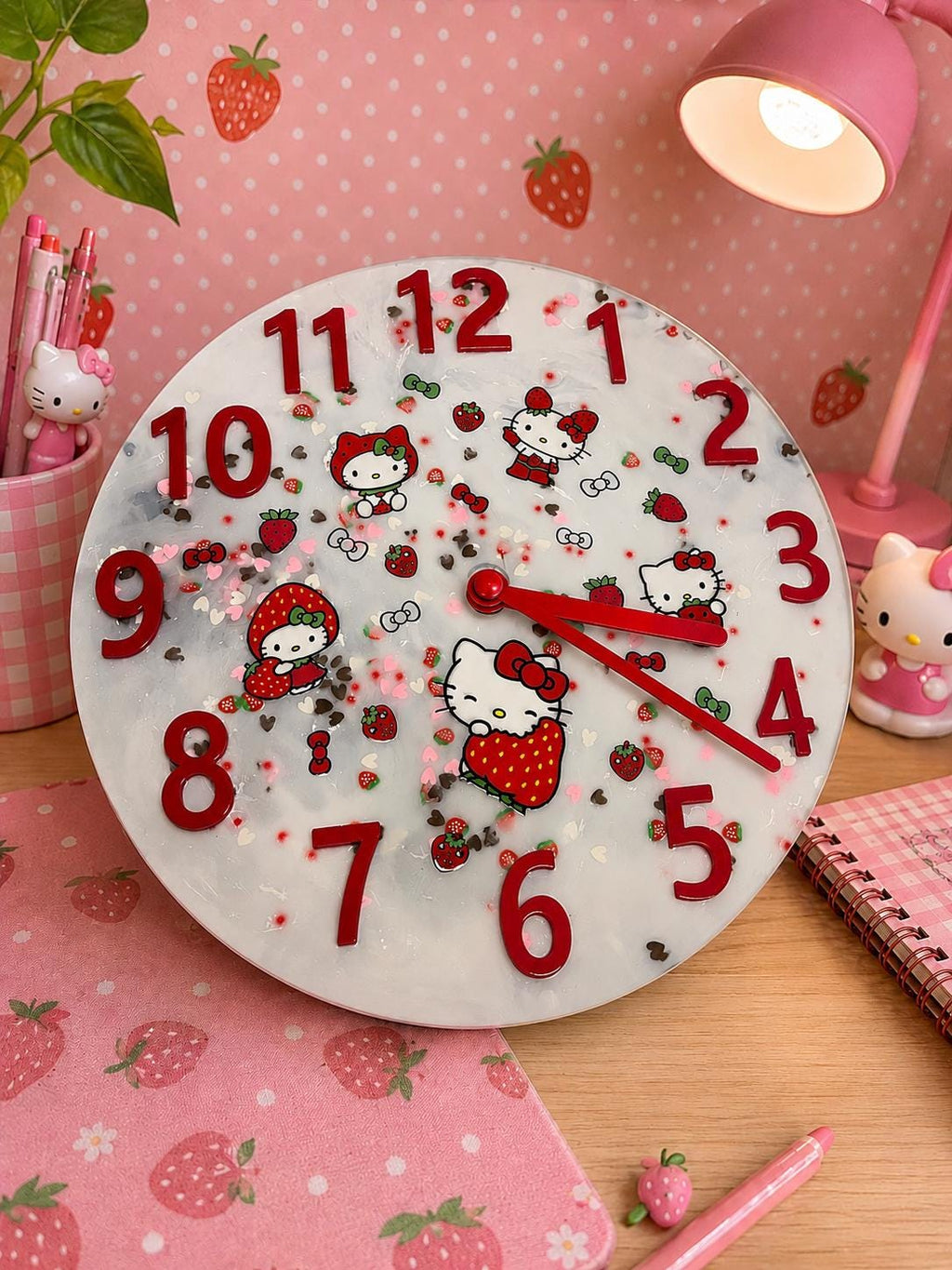 Handmade Hello Kitty Strawberry Resin Wall Clock | Kawaii Decor | Cute Silent Clock | Pink Bedroom Decor | Anime Gift | Nursery Wall Art | U